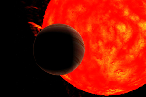 Representação artística, da estrela gigante vermelha Kepler-91 e do planeta Kepler-91b (retirada do vídeo Kepler-91b), quando este está a atravessar o disco da estrela. (Crédito: D. Cabezas).