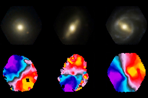 Composição de 169 das galáxias observadas pelo CALIFA, escolhidas ao acaso. O conjunto da direita tem a imagem de cada uma destas galáxias, enquanto o da esquerda contêm informação acerca da distribuição de velocidades dessas mesmas galáxias.