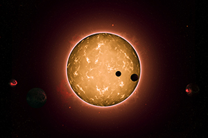 Imagem artística do sistema Kepler-444, com os seus cinco planetas do tipo terrestre, dois dos quais em trânsito. (Crédito: Tiago Campante/Peter Devine)