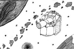 Um dos 88 desenhos das crianças portuguesas, sorteado para ir para o espaço com a missão CHEOPS. Crédito: Ana Amélia Patacho (12 anos)