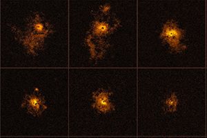 Mosaico com 18 dos 19 quasares observados com o MUSE, pela equipa internacional de astrónomos liderada pelo ETH de Zurique (Suíça). Esta é a primeira vez que um rastreio de quasares mostra halos brilhantes de gás em torno de todos os quasares observados. Crédito: ESO/Borisova et al.